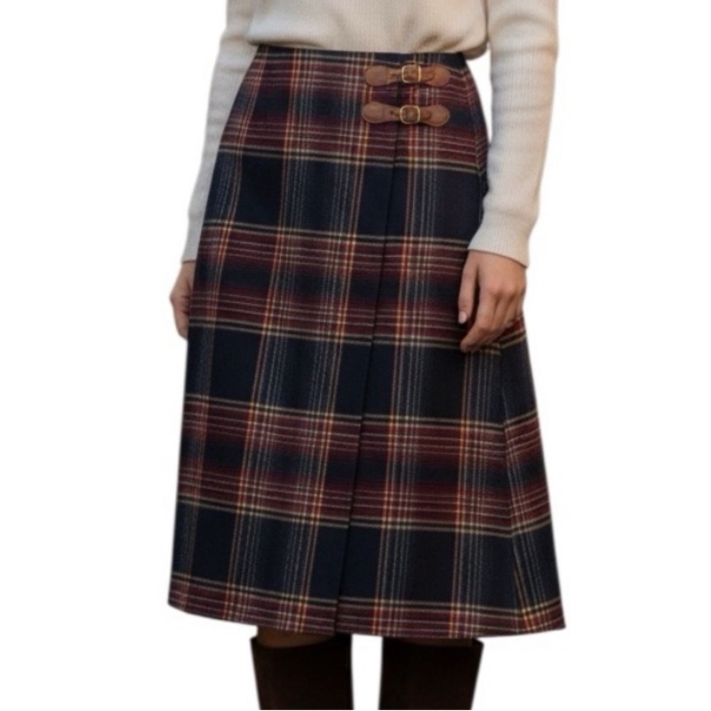 Talbots Tartan Plaid Wool Skirt with Leather Detail
